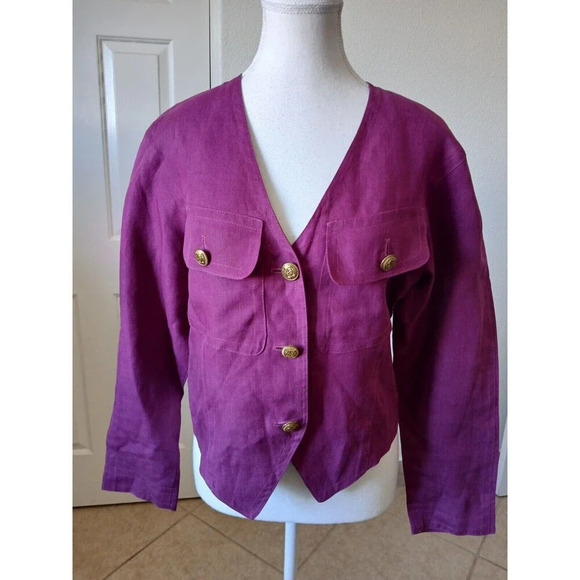Bogner Jackets & Blazers - BOGNER Purple Linen Cropped Military Button Blazer Jacket Womens 38 US Size 10